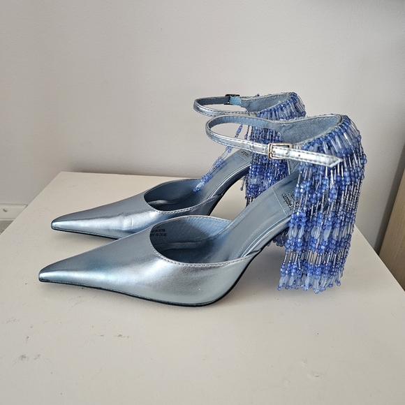 JEFFREY CAMPBELL Show Stop Light Blue Metallic Beaded Fringe Leather Pumps - Picture 14 of 16